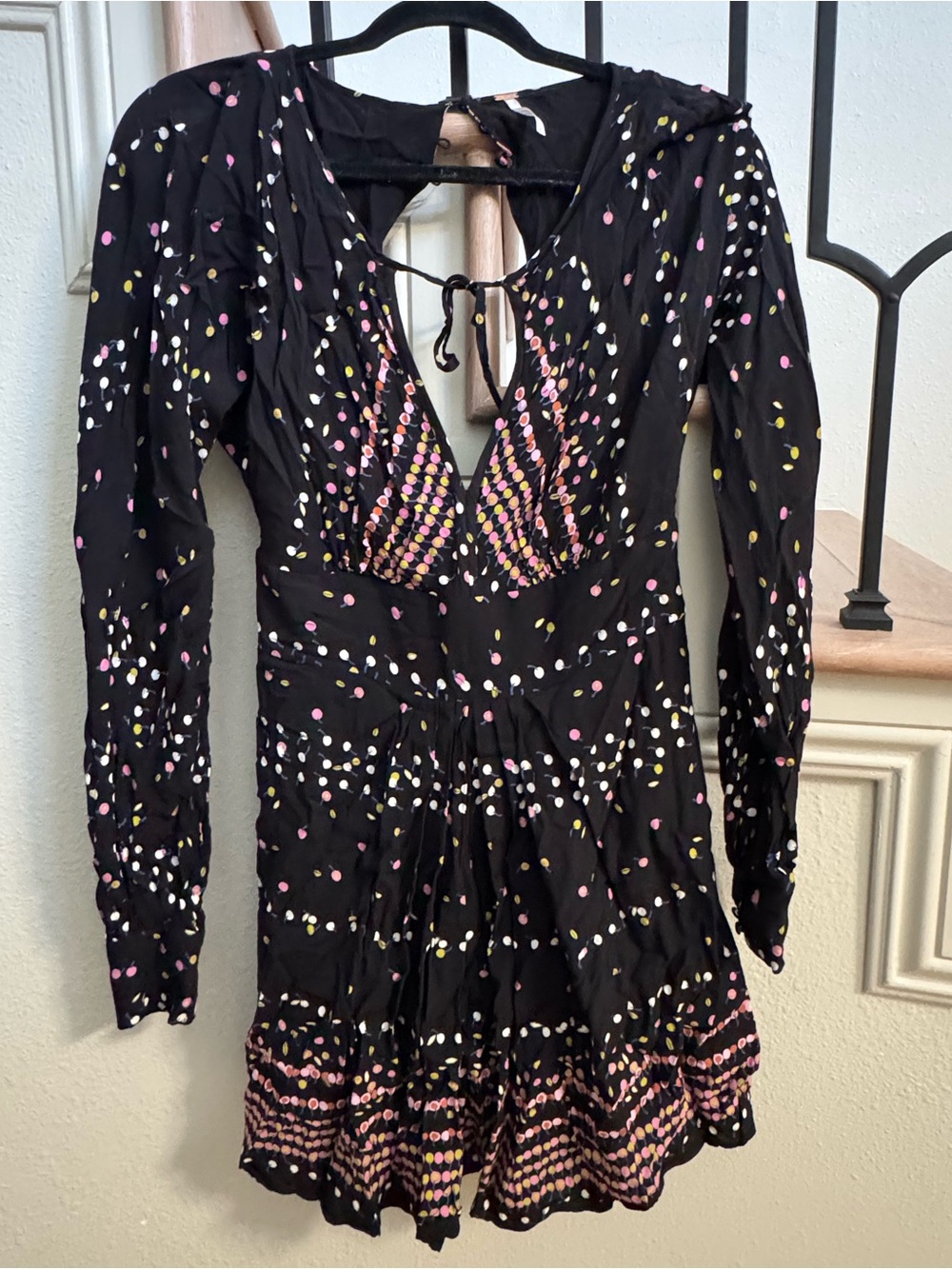Free People  Coryn Black Mini Dress with Pink, Yellow & Blue Polka Dots
